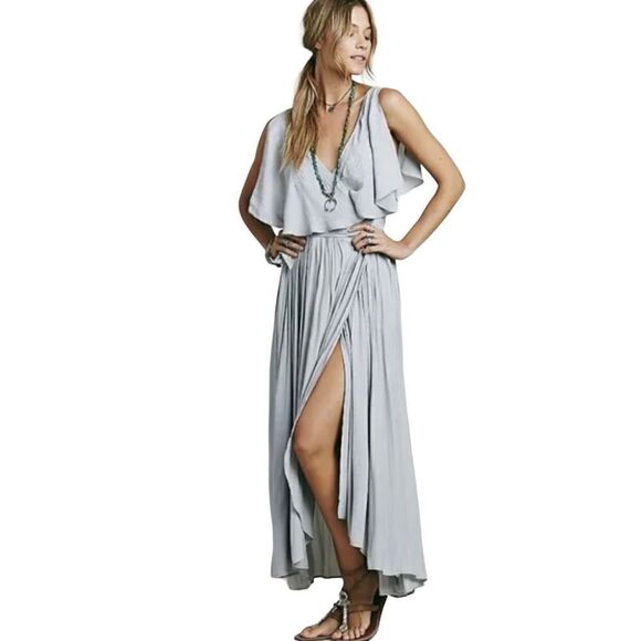 Free People Fiona Long Gray Floral Embroidered Wrap Maxi Dress SIZE S - Picture 9 of 10